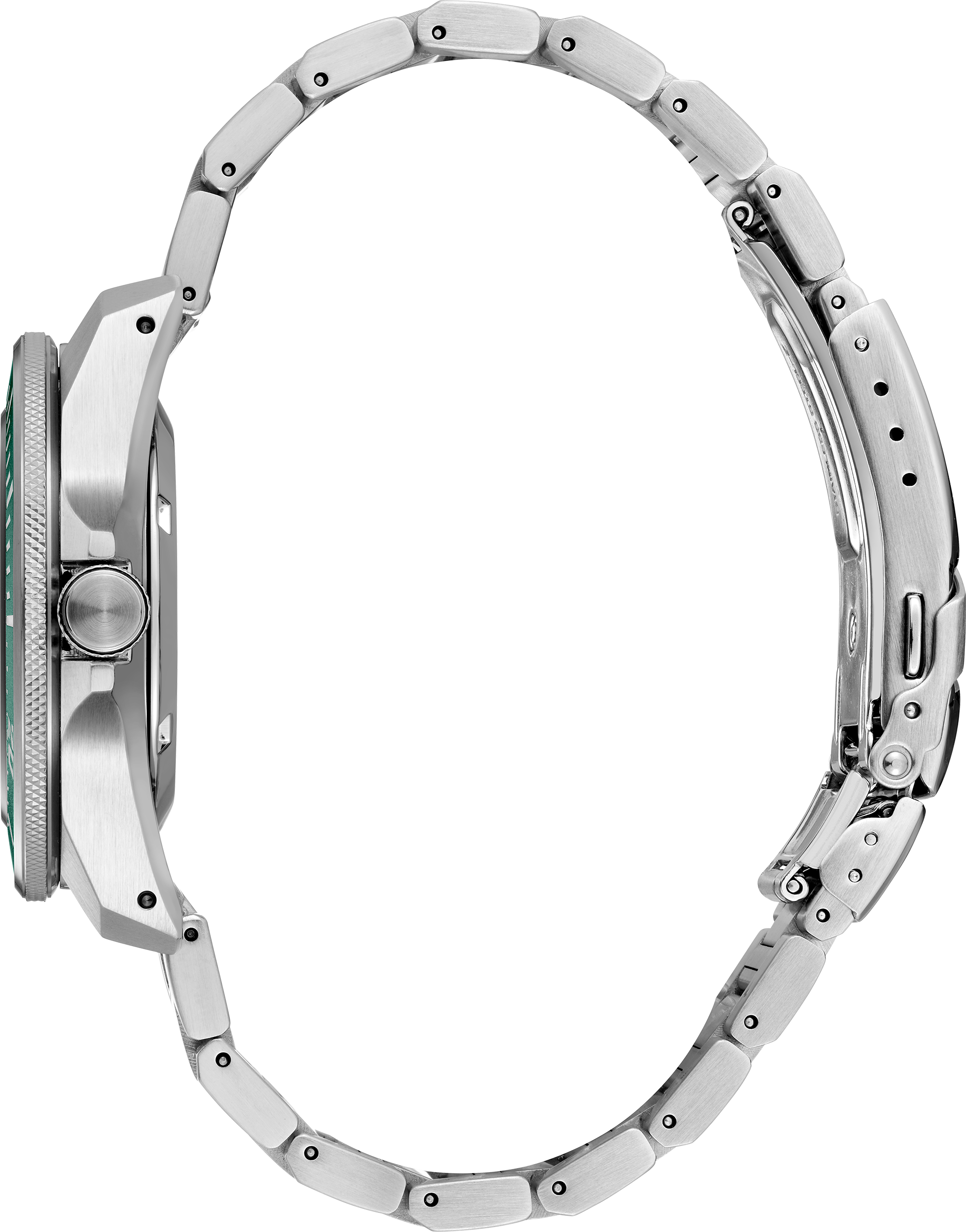 Close-up of a silver watch band on a white background